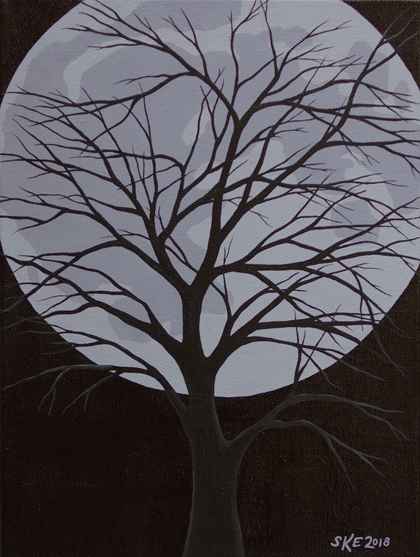 painting of a tree against the moon